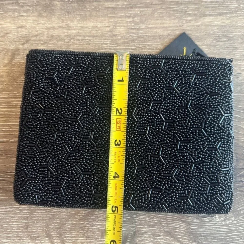 Inge Christopher Black Beaded Full Zip Makeup Bag / Clutch